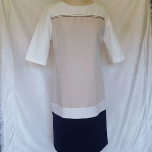 Vilagallo Color Block Navy Nude Cream Shift Stitch Detail 3/4 Sleeve Shift sz M